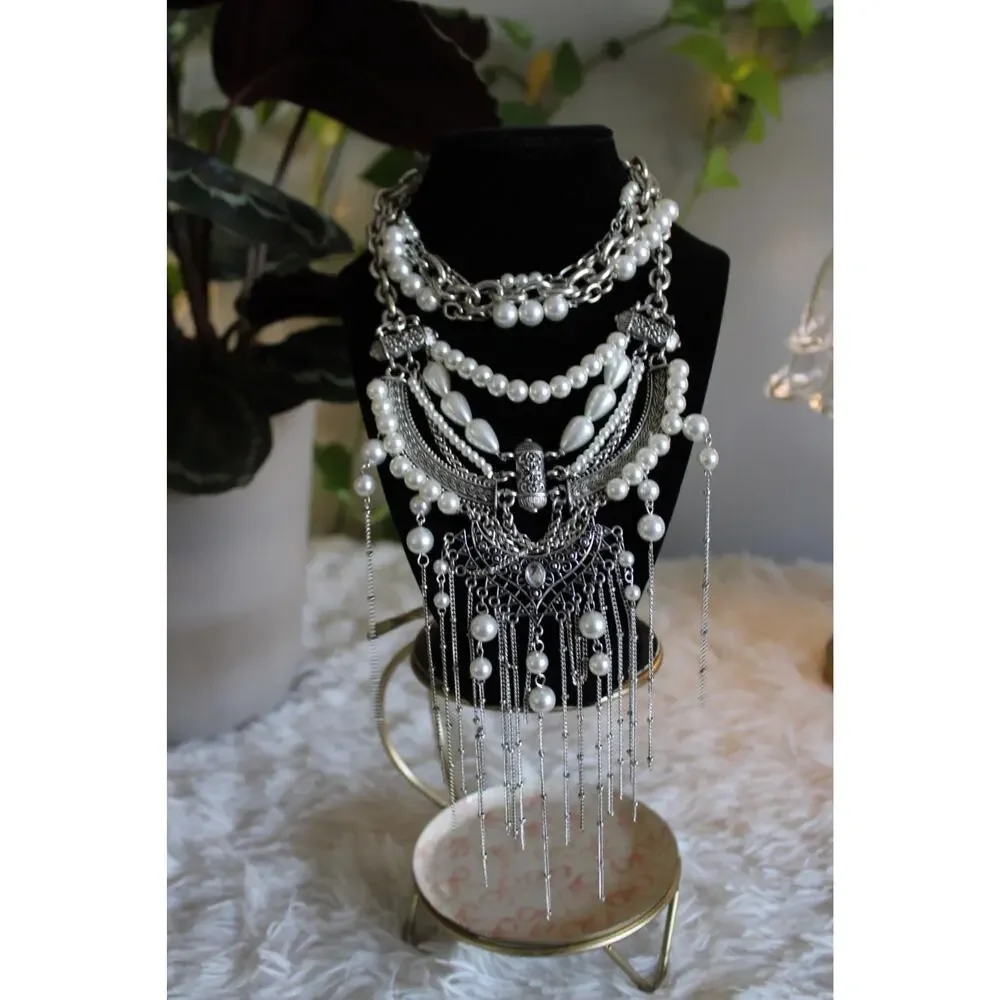 Free People Silver Pearl Statement Bib Necklace Boho Layered Fringe msrp 99